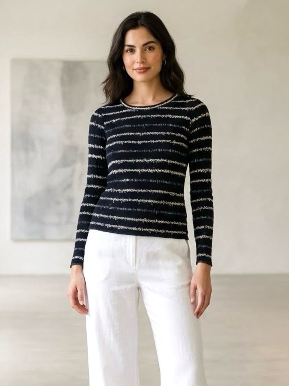 Helmut Lang Striped Long Sleeve Blouse Shirt Top, Black/White, Size M